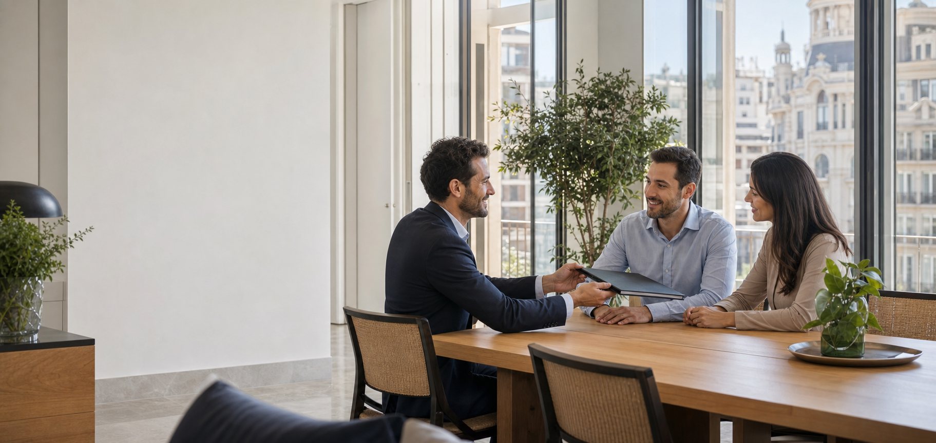 Asesor inmobiliario reunido con propietarios en una vivienda luminosa