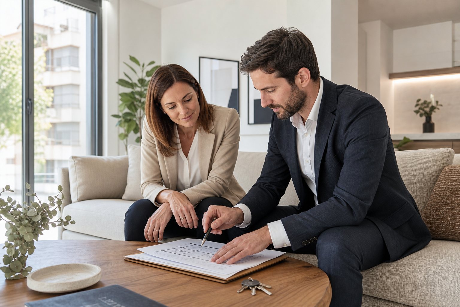 Asesor inmobiliario revisando documentación de vivienda con una propietaria