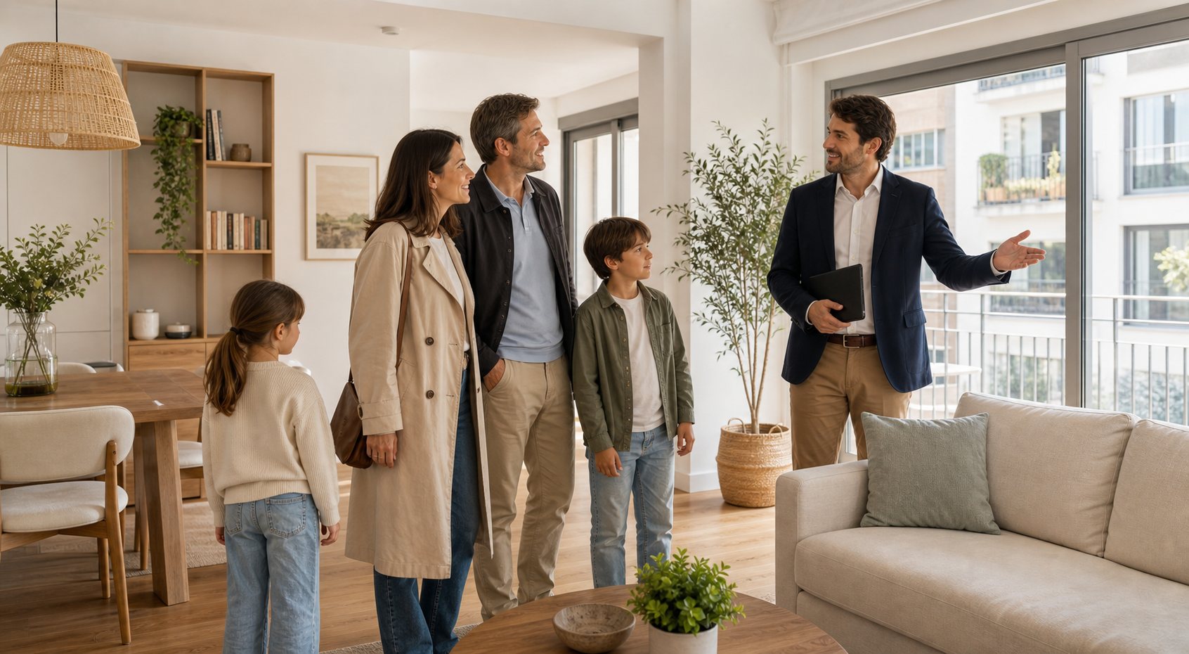 Agente inmobiliario enseñando una vivienda a una familia que busca su nuevo hogar